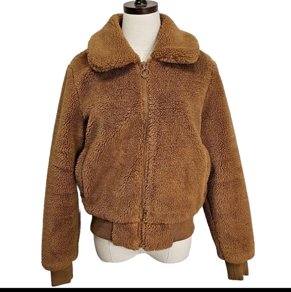 Ci Sono Los Angeles Women’s Brown Faux Fur Large Teddy Soft Comfy Bomber Jacket